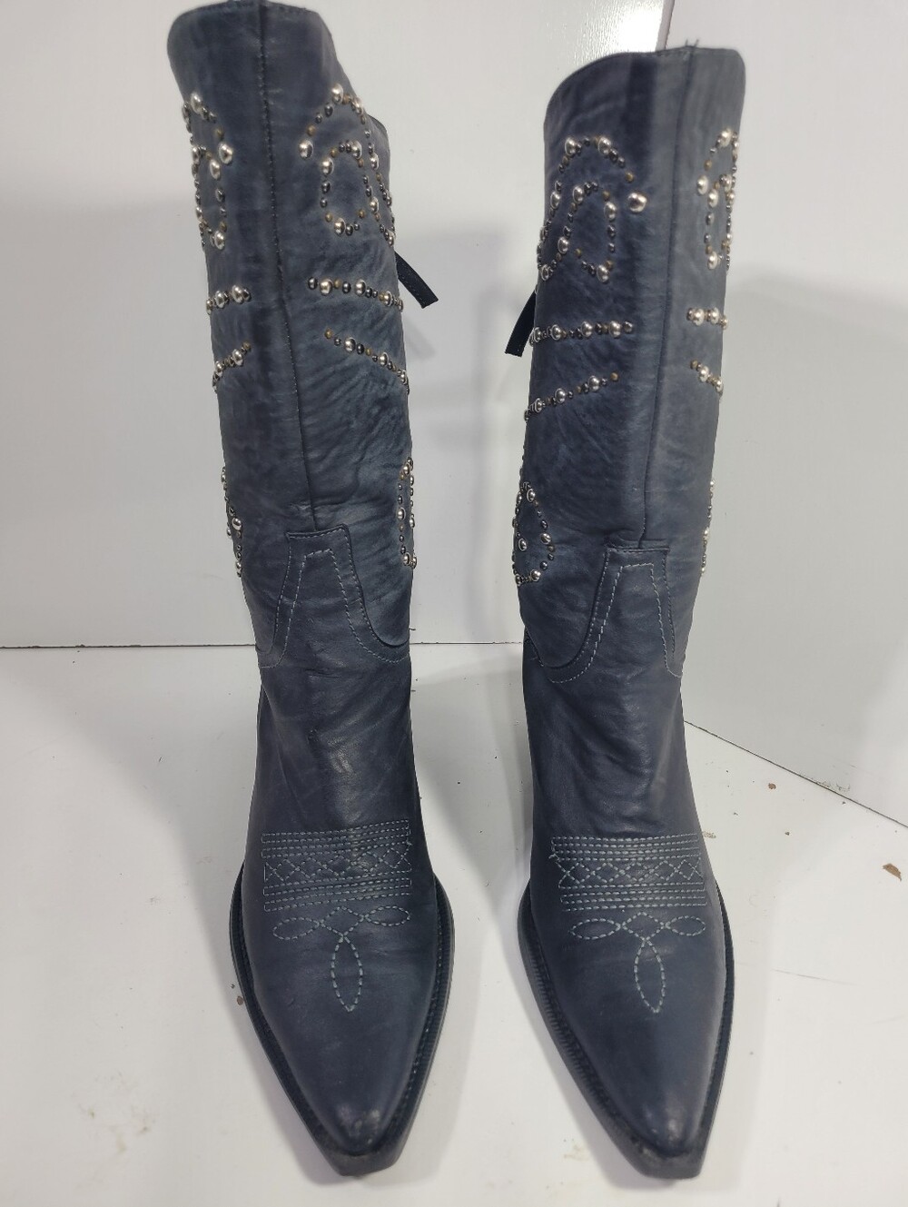 Roper Womens Studded Cowboy Boots Size 8 Black Faux Leather Tall Pointed Toe